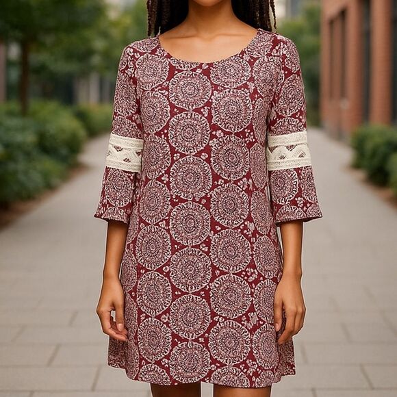 Luxology Red Cream Floral Mosaic 60’s Vibe Groovy Hippie Shift Dress Size 8 - Picture 6 of 16